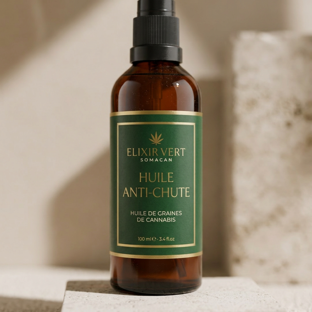 Gros plan premium sur l'étiquette de l'Huile Anti-Chute Elixir Vert