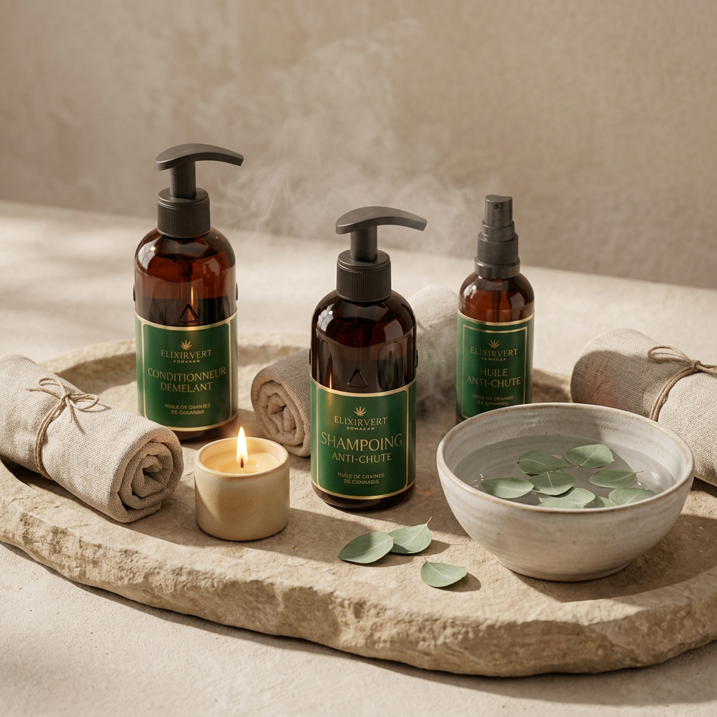 Les trois produits Elixir Vert sur un plateau en pierre, ambiance spa