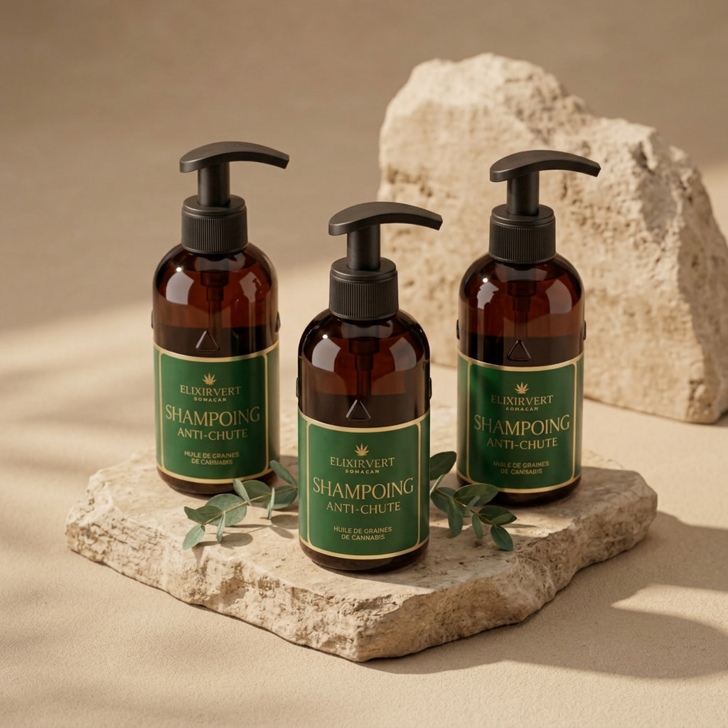 Produits Elixir Vert posés sur des pierres naturelles